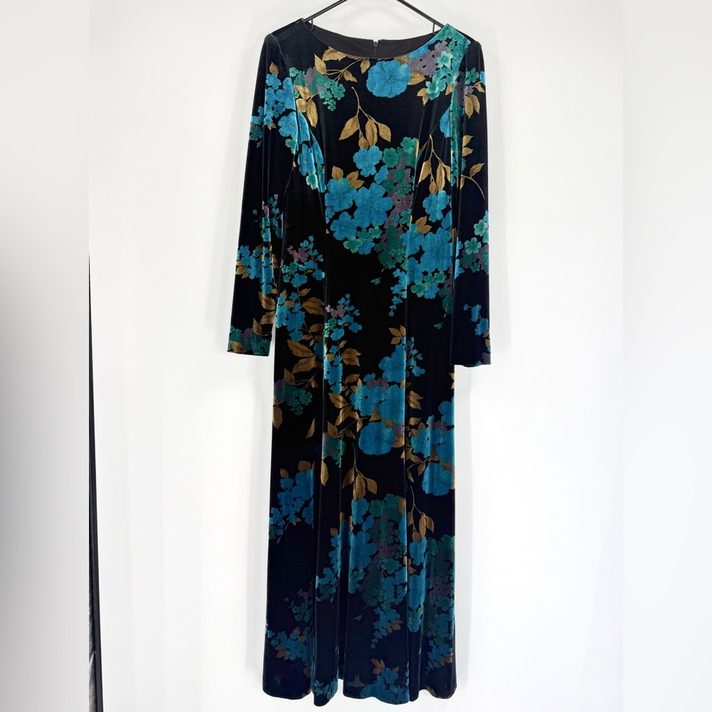 David Warren Vintage Velvet Floral Pattern Maxi Dress, Black Blue Gold, Size M - Picture 3 of 9